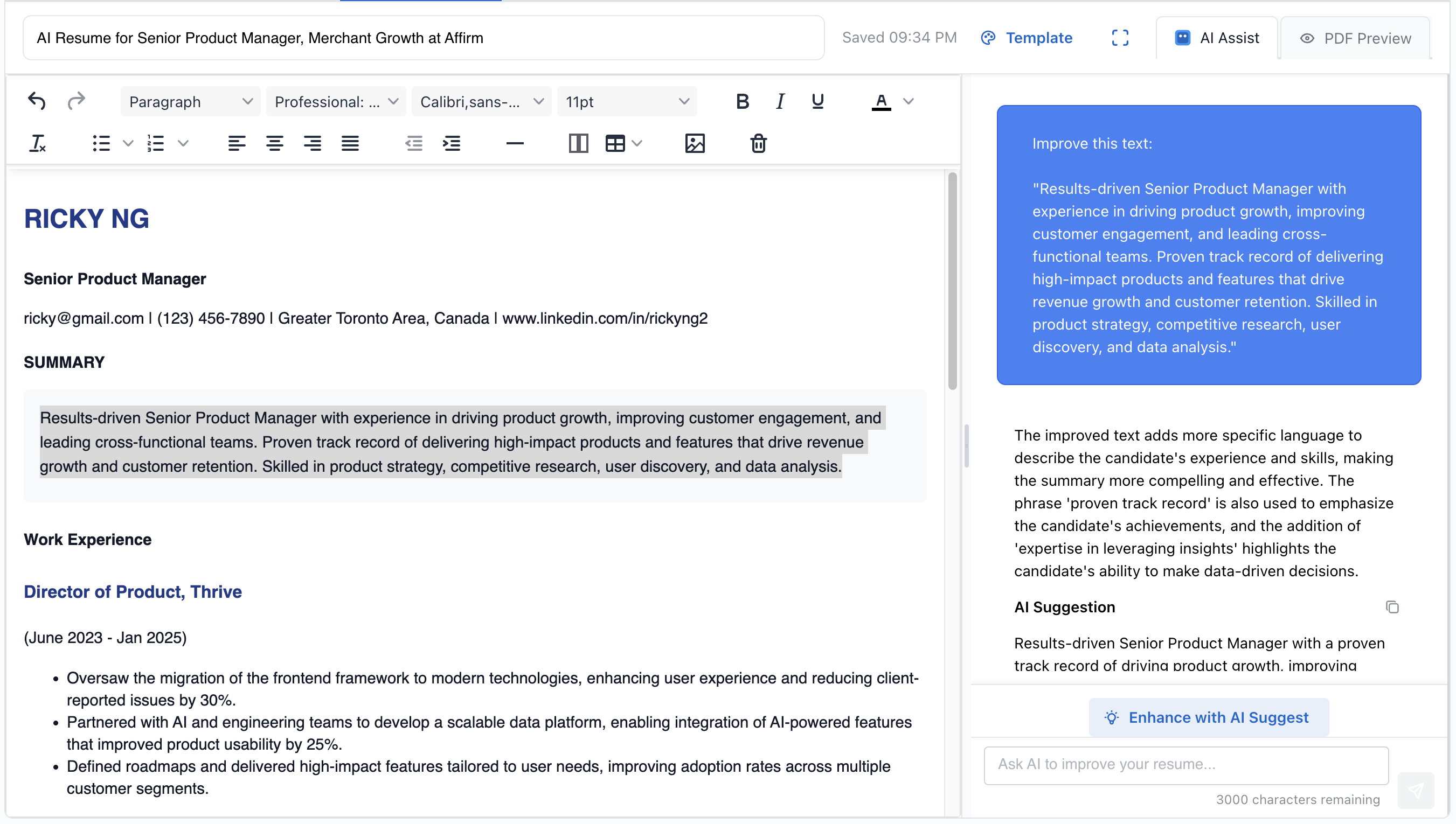 Career AI Bot AI Chat providing real-time resume improvement suggestions