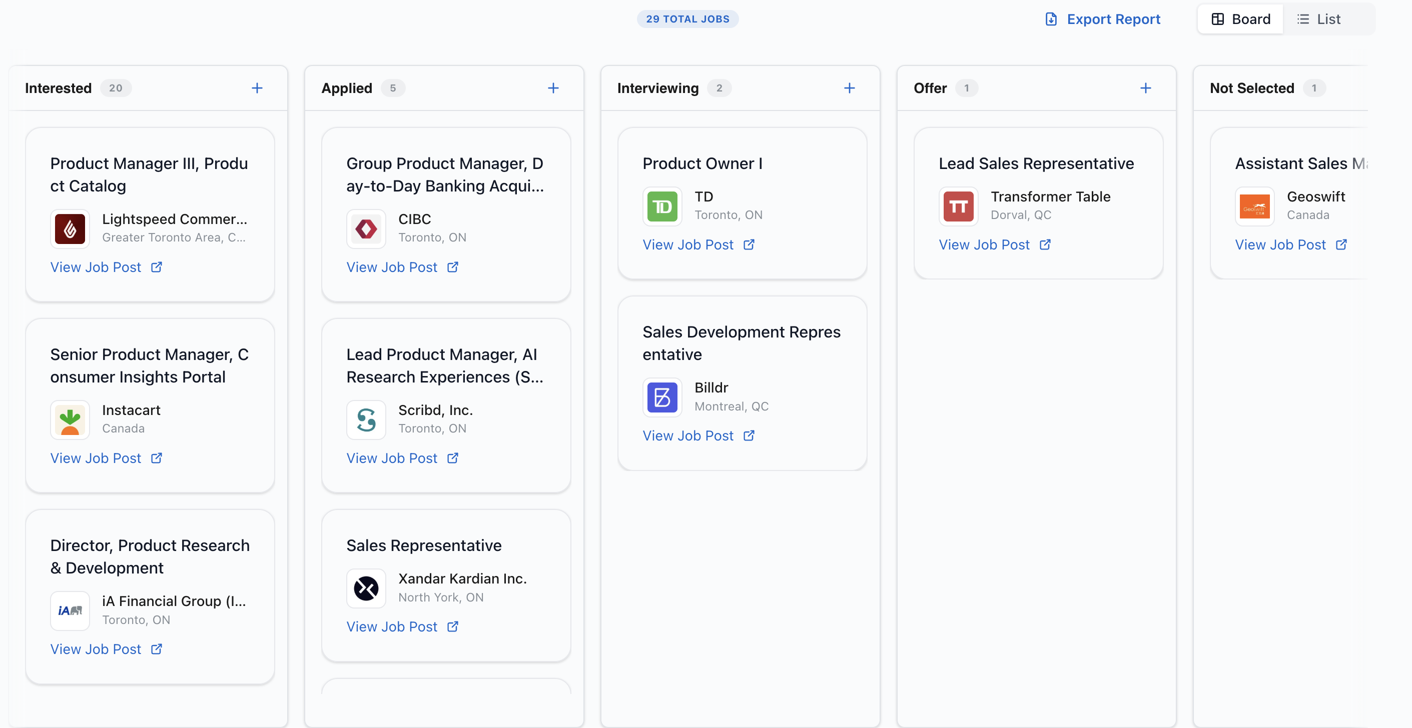 Career AI Bot Job Tracker with Kanban board view for organizing job applications